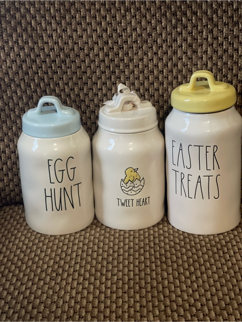 Rae Dunn White Ceramic Easter Canister Set with Blue and Yellow Lids